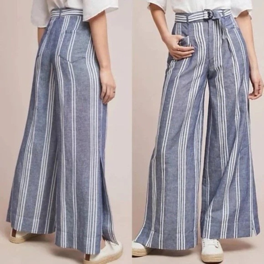 BY ANTHROPOLOGIE Sz 8P Beachy Wide Leg Pants Blue Striped Linen Blend Side Slits